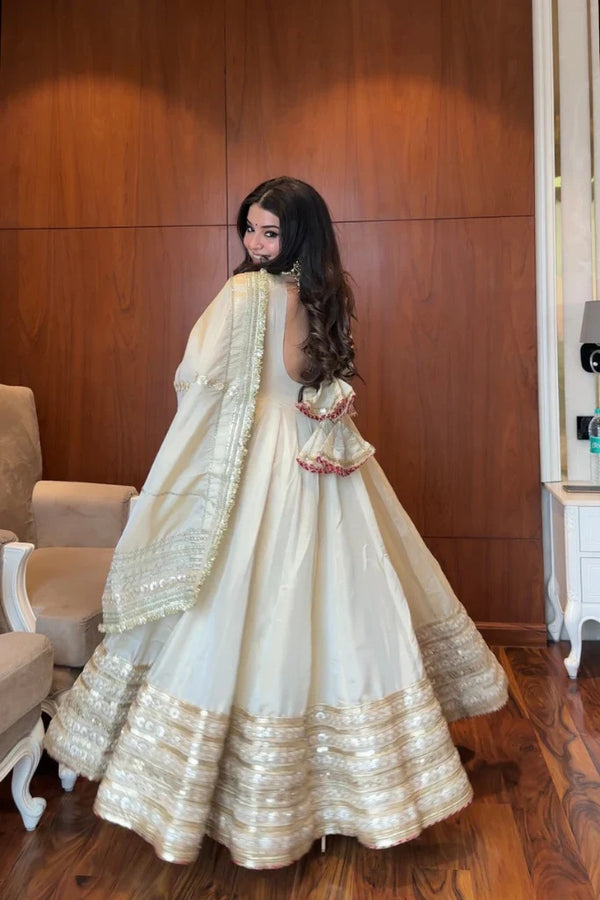 Most Trending Off White Color Embroidery Sequence Work Anarkali Suit