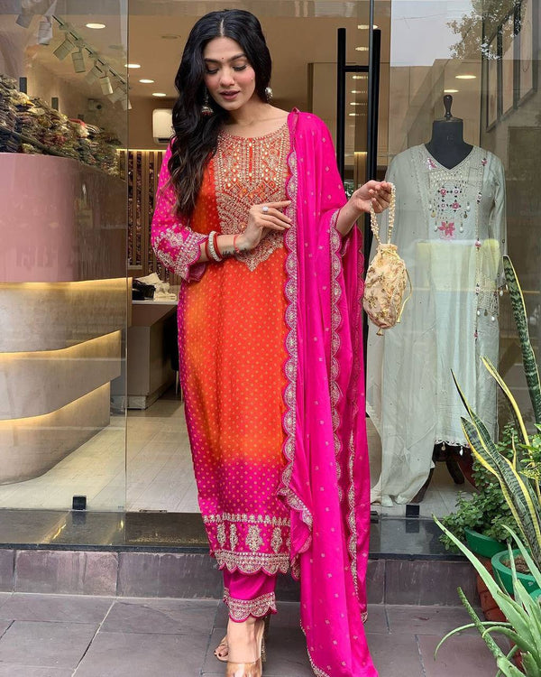 Designer Chinon Salwar Suit With Print Embroidery and Dupatta